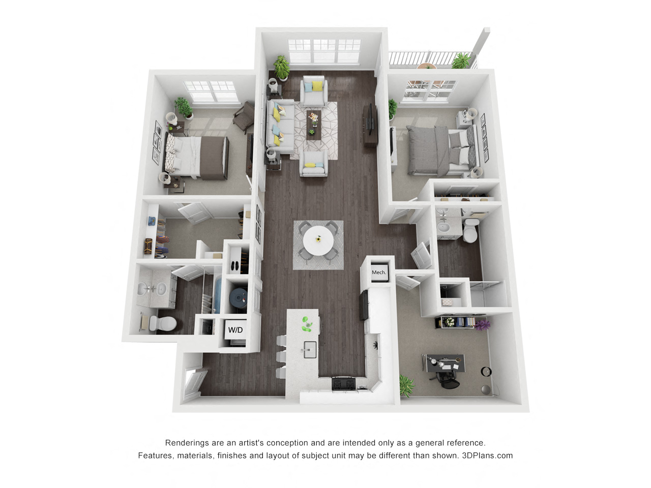 Floor plan for 2 beds, 2 baths, 1367 sqft
